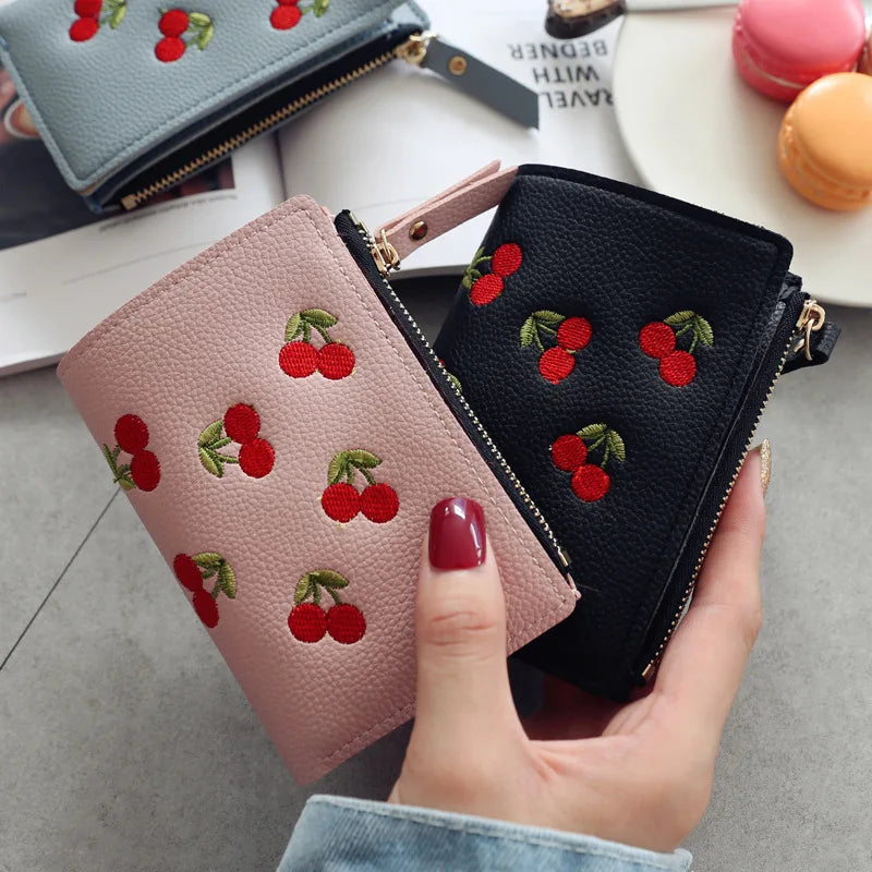 🍒 Kawaii Cherry Embroidered Mini Wallet 🌟 Cute PU Leather Card Holder for Trendy Students!