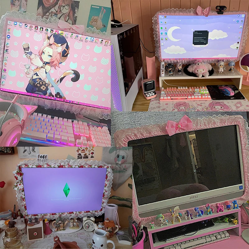 Kawaii Lace Computer Monitor Cover 🎀 | Dustproof & Adorable with Elastic Pen Pocket 💖 | Perfect for Desktop & Laptop 🌸