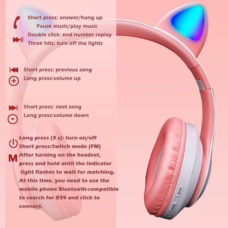 Kawaii Pink Cat Ears Bluetooth Headphones 🎧💕 | Cute Foldable Stereo Earphones with Microphone for Kids & Girls 🎀✨