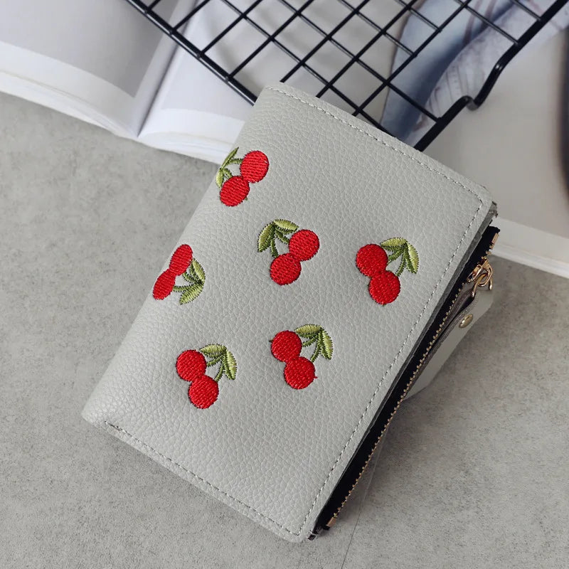 🍒 Kawaii Cherry Embroidered Mini Wallet 🌟 Cute PU Leather Card Holder for Trendy Students!