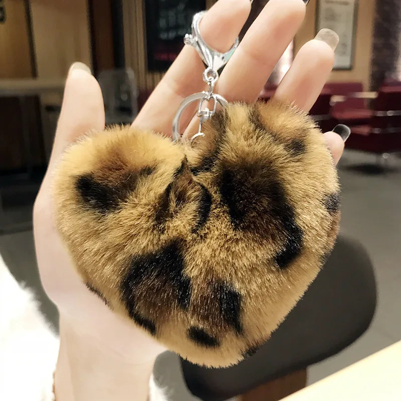 Kawaii Leopard Love Heart Keychain 🐆💖 | Plush Fur Ball Pendant for Bags & Car Keys | Cute Gift Idea 🎁✨