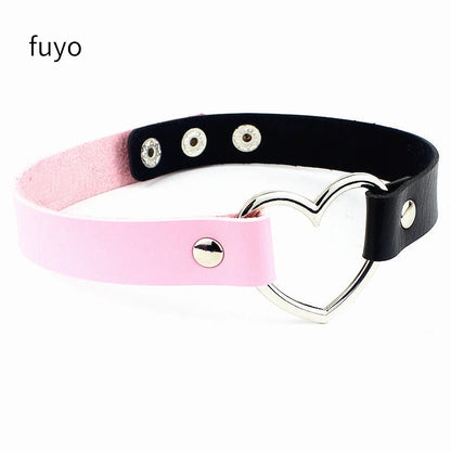 Pink Blue PU Leather Heart Choker Necklace For Women Cute Statement Jewelry 💗🎀