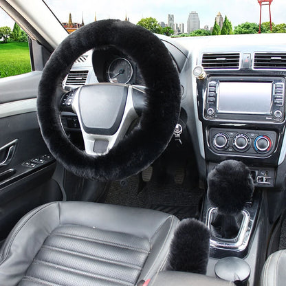 Cozy Kawaii Plush Rabbit Fur Steering Wheel Cover Set 🐰✨ | Warm Winter Handbrake & Shift Sleeve | 38cm Universal Fit