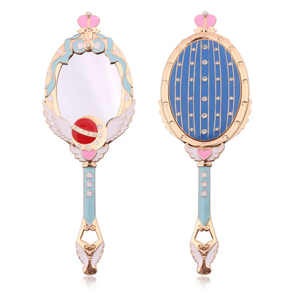Kawaii Moonlit Crown Makeup Mirror 🌙✨ - Adorable Handheld Beauty Tool with Sparkling Crystals in Red & Blue! 💖💄