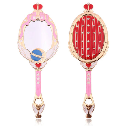 Kawaii Moonlit Crown Makeup Mirror 🌙✨ - Adorable Handheld Beauty Tool with Sparkling Crystals in Red & Blue! 💖💄