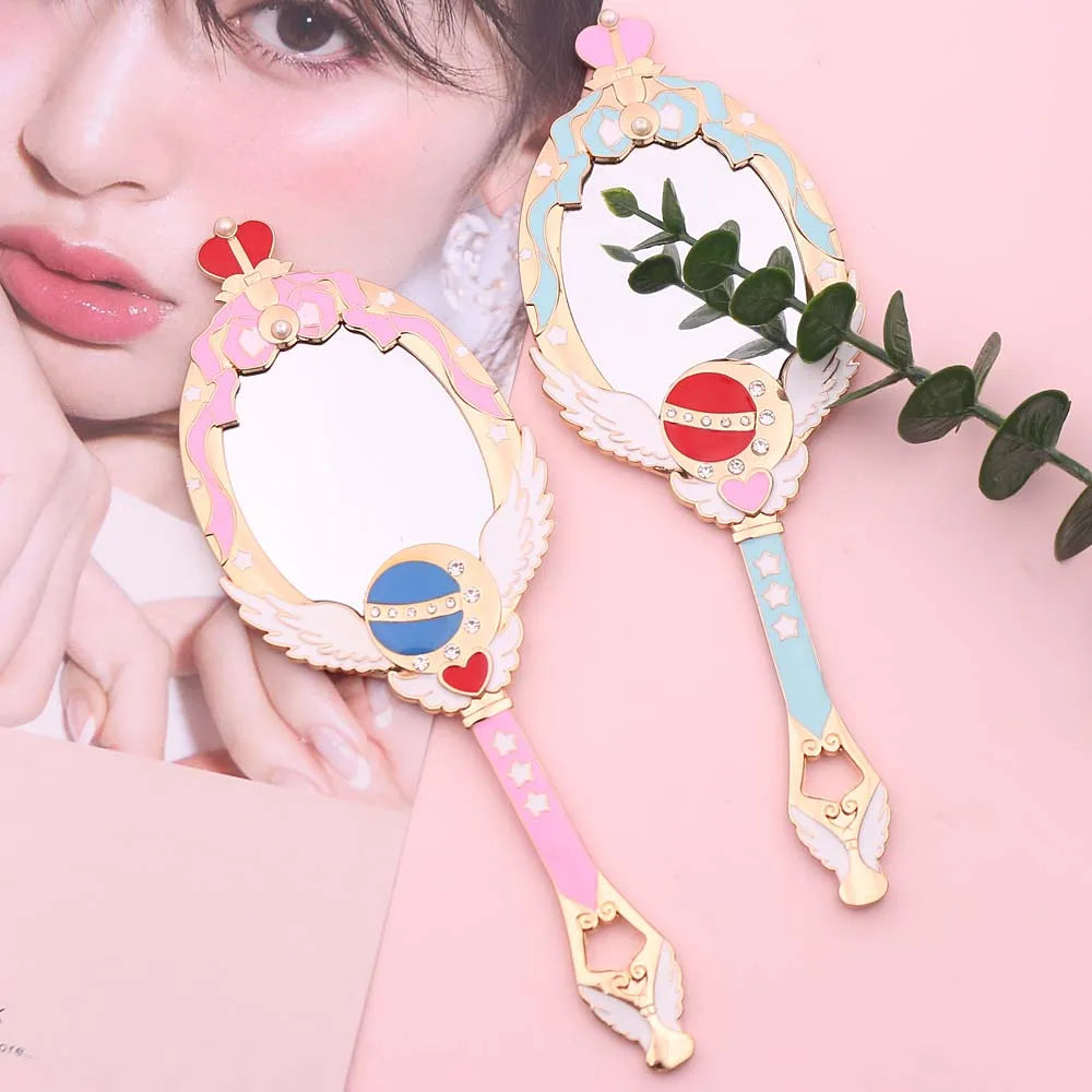 Kawaii Moonlit Crown Makeup Mirror 🌙✨ - Adorable Handheld Beauty Tool with Sparkling Crystals in Red & Blue! 💖💄