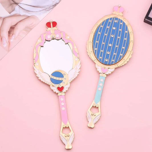 Kawaii Moonlit Crown Makeup Mirror 🌙✨ - Adorable Handheld Beauty Tool with Sparkling Crystals in Red & Blue! 💖💄