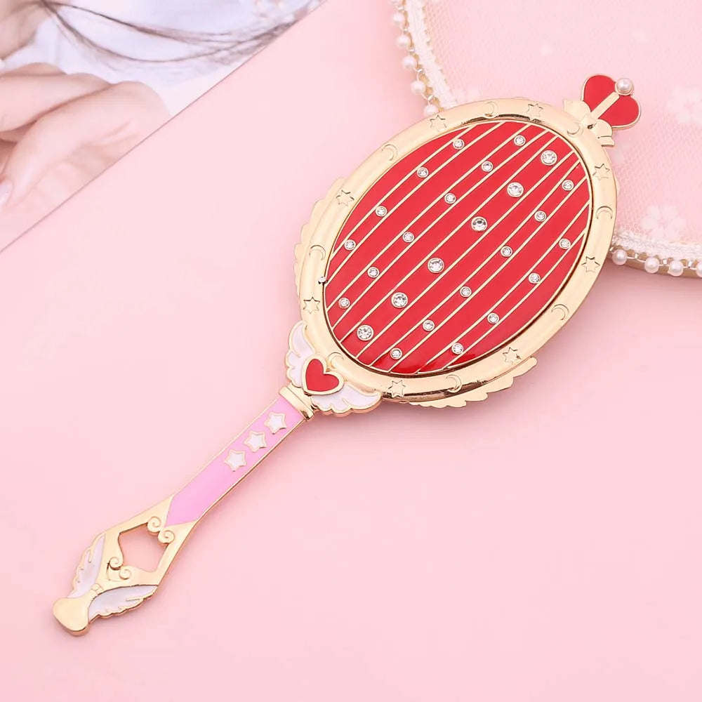 Kawaii Moonlit Crown Makeup Mirror 🌙✨ - Adorable Handheld Beauty Tool with Sparkling Crystals in Red & Blue! 💖💄
