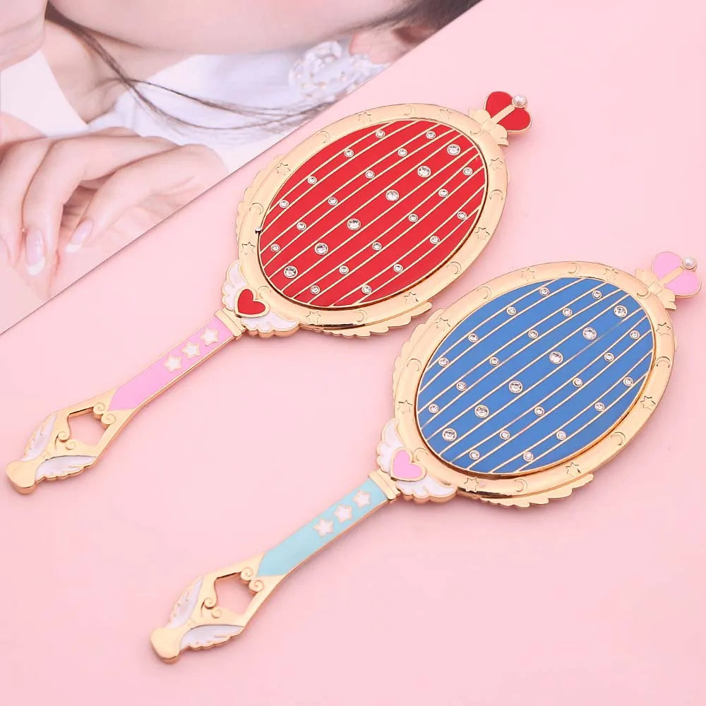 Kawaii Moonlit Crown Makeup Mirror 🌙✨ - Adorable Handheld Beauty Tool with Sparkling Crystals in Red & Blue! 💖💄