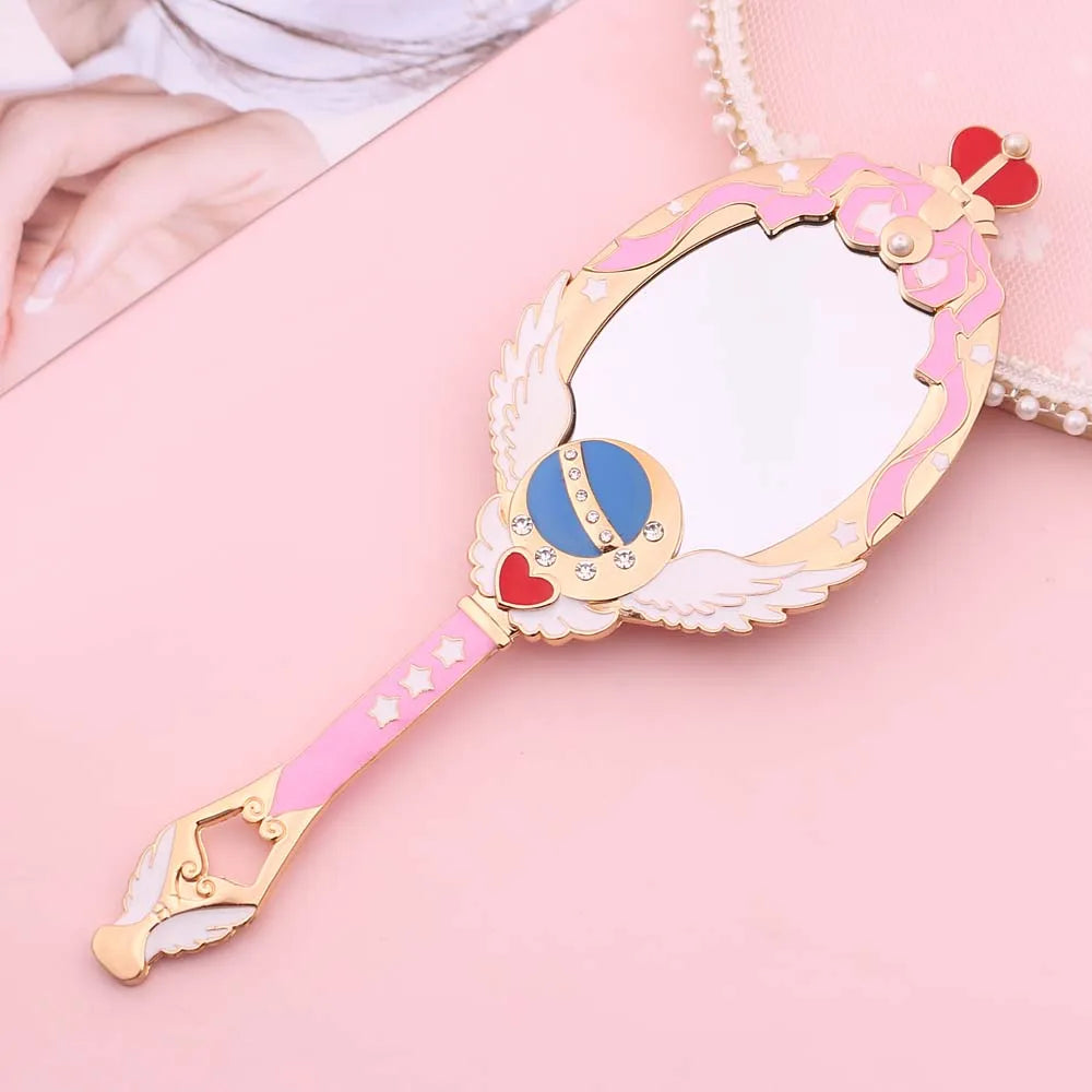 Kawaii Moonlit Crown Makeup Mirror 🌙✨ - Adorable Handheld Beauty Tool with Sparkling Crystals in Red & Blue! 💖💄