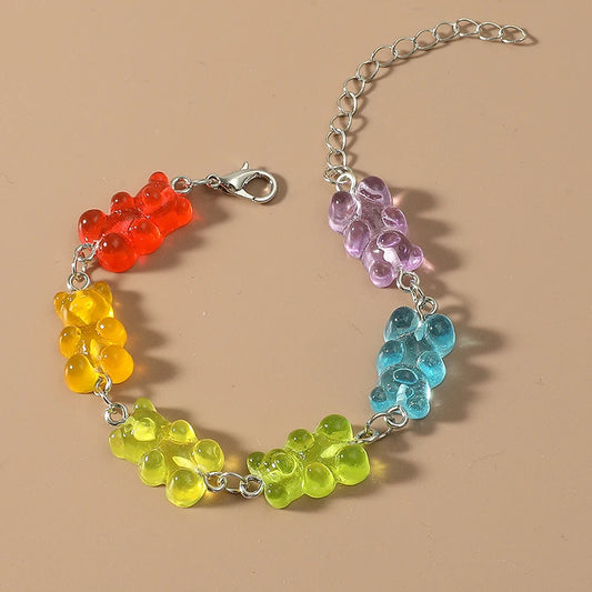 Kawaii Rainbow Candy Bear Bracelet 🍬🌈 - Colorful Hip Hop Jelly Accessory for Girls!