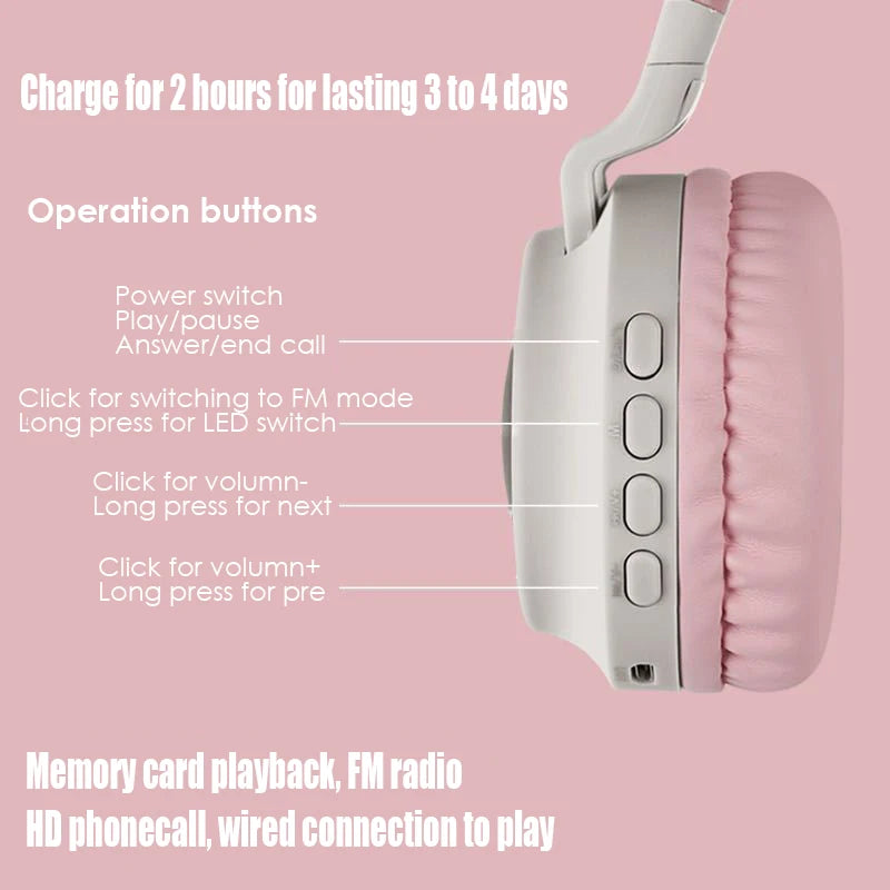 Kawaii Cat Ear Bluetooth Headphones 🎧💖 LED Light-Up Earphones with Mic for Girls & Kids - Perfect Gift! 🎁✨