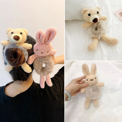 Kawaii Plush Animal Scrunchies 🐻🐰 - Adorable Elastic Hair Ties for Girls & Women 🎀 - Cozy Fall/Winter Hair Accessories!