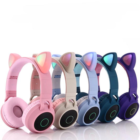 Kawaii Cat Ear Bluetooth Headphones 🎧💖 LED Light-Up Earphones with Mic for Girls & Kids - Perfect Gift! 🎁✨