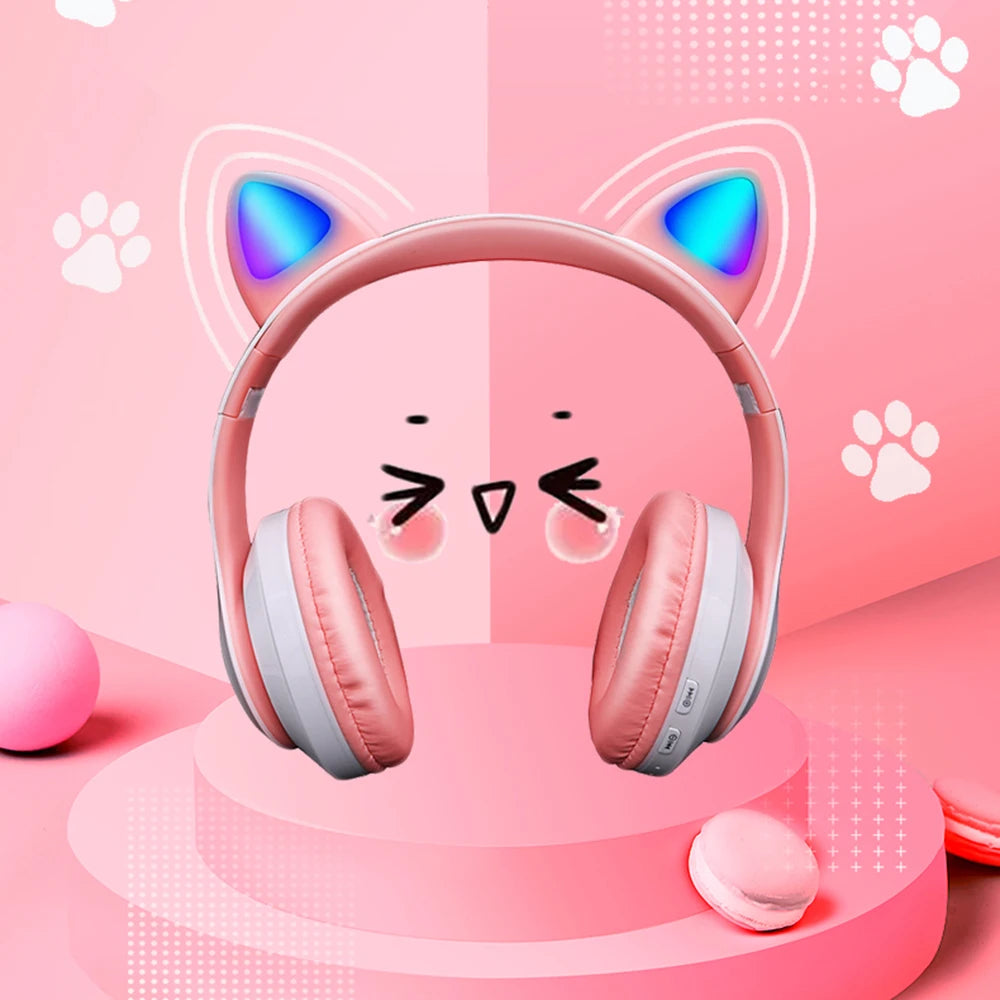 Kawaii Pink Cat Ears Bluetooth Headphones 🎧💕 | Cute Foldable Stereo Earphones with Microphone for Kids & Girls 🎀✨