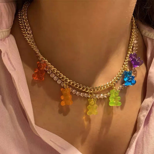 ✨Whimsical Gummy Bear Crystal Choker Necklace 🍬💖 - Adorable Multi-layered Clavicle Chain for Trendy Women!