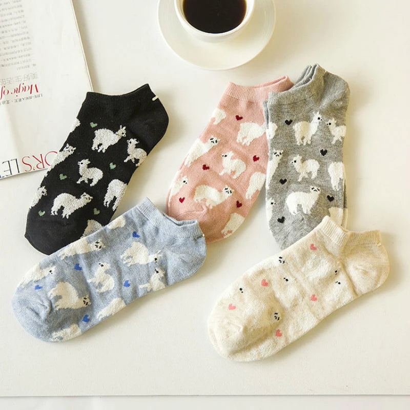 Kawaii Alpaca Love Heart Ankle Socks 🦙❤️ | Cozy Cotton Animal Print for Ultimate Comfort! 🧦✨