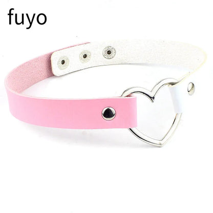 Pink Blue PU Leather Heart Choker Necklace For Women Cute Statement Jewelry 💗🎀