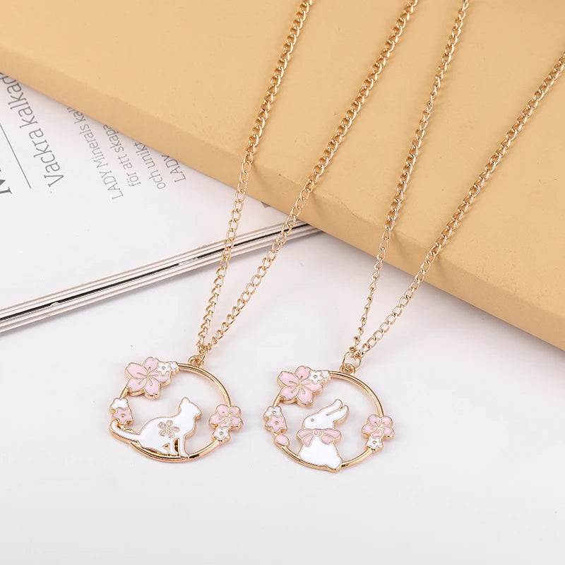 🐰✨ Adorable Sakura Bunny & Cat Pendant Necklace - Cute Charm for Trendy Ladies! 🌸💖 - Pixie Quill