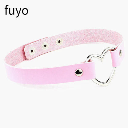 Pink Blue PU Leather Heart Choker Necklace For Women Cute Statement Jewelry 💗🎀