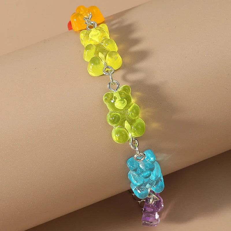 Kawaii Rainbow Candy Bear Bracelet 🍬🌈 - Colorful Hip Hop Jelly Accessory for Girls!