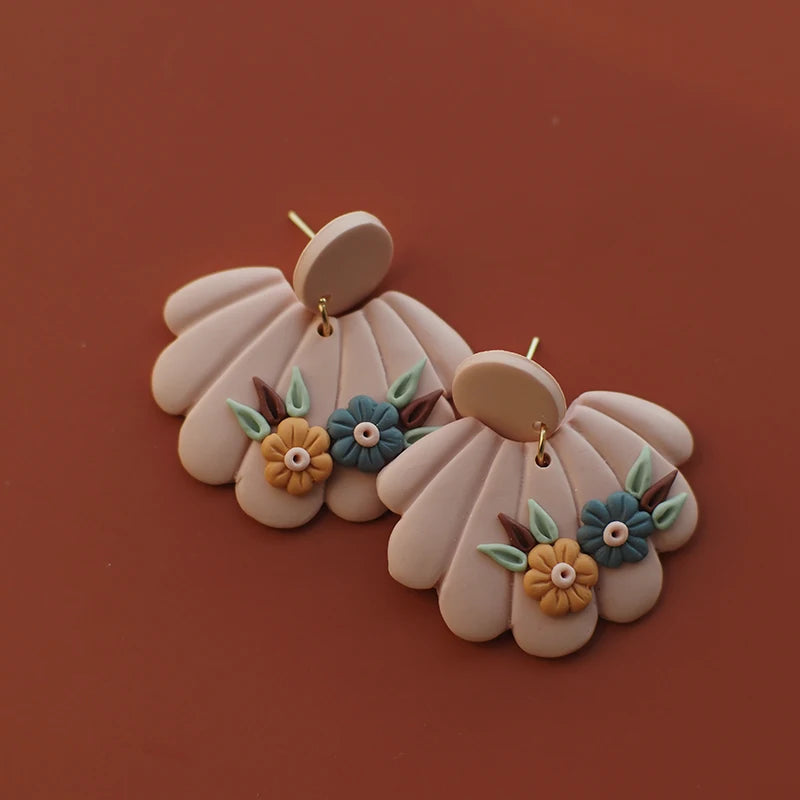 Shell Shape Multicolor Flower Pendant Chunky Polymer Clay Earrings For Women 💖🌸