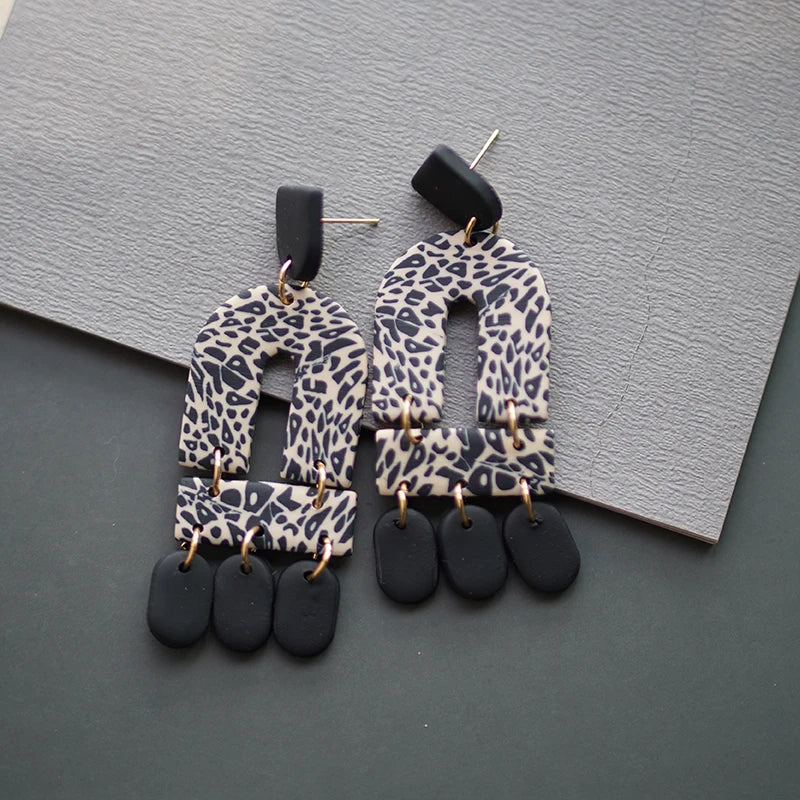 Leopard Pattern Polymer Clay Earrings Set 🐆 Multi Shapes Black White Drops ✨
