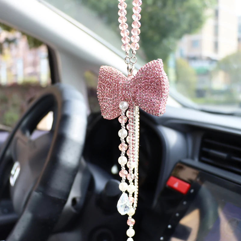 Kawaii Crystal Bowknot Car Charm ✨ Cute Rhinestone Tassel Pendant for Rearview Mirror 🌟 Adorable Women’s Car Accessories 💖