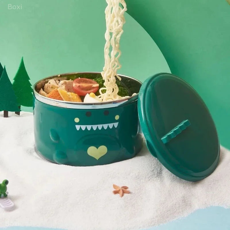 ✨ Dino Delight: Whimsical Stainless Steel Noodle Bowl with Lid 🍜🍉 - Pixie Quill