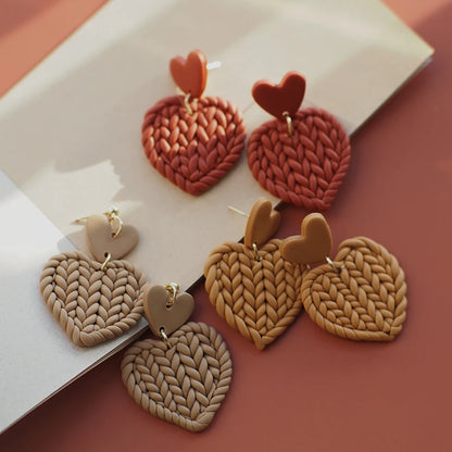 Heart Pattern Braided Polymer Clay Earrings Set 💖 Cute Dangle Jewelry For Women