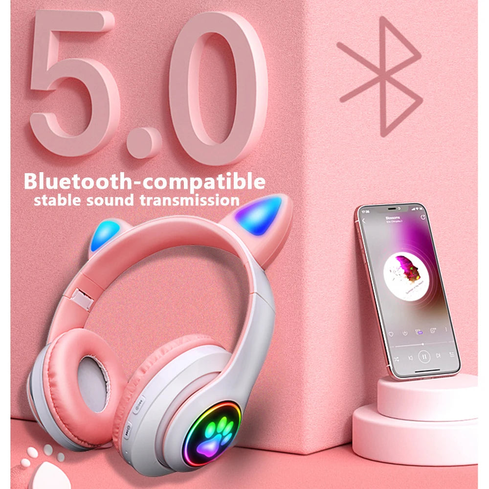 Kawaii Pink Cat Ears Bluetooth Headphones 🎧💕 | Cute Foldable Stereo Earphones with Microphone for Kids & Girls 🎀✨
