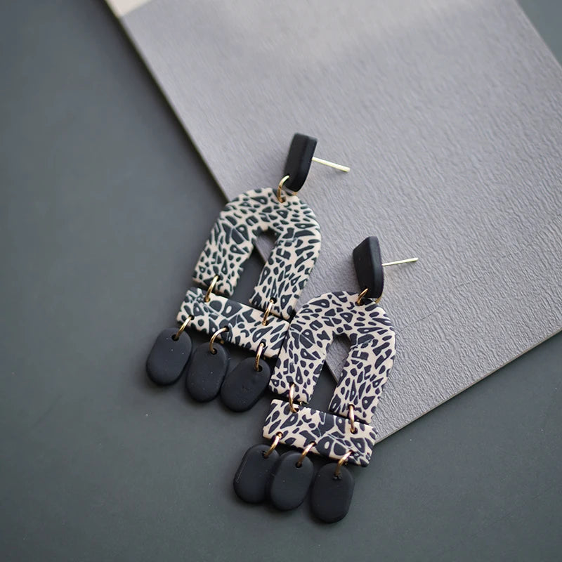 Leopard Pattern Polymer Clay Earrings Set 🐆 Multi Shapes Black White Drops ✨