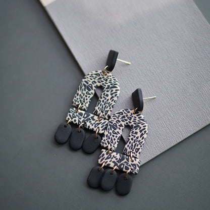 Leopard Pattern Polymer Clay Earrings Set 🐆 Multi Shapes Black White Drops ✨