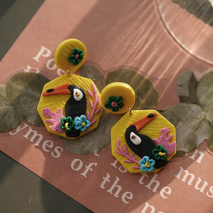Bright Tropical Toucan Parrot Dangle Earrings Set in Floral Jungle Colors Polymer Clay Jewelry for Summer Fun 🐦🌺🌴