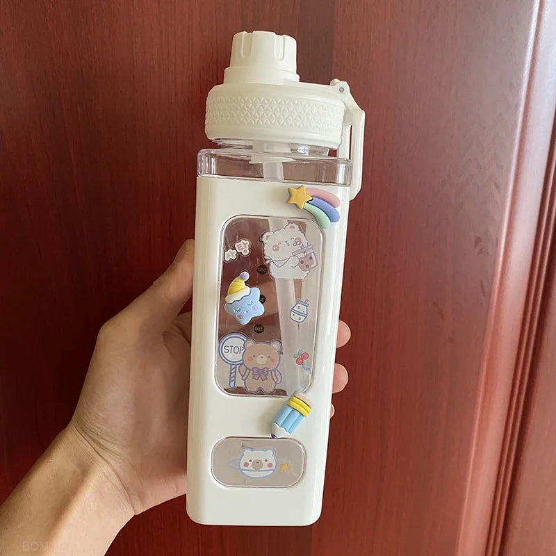 🌈 Kawaii Square Straw Bottle 🥤✨ Cute & Colorful Water Container for Adventures! 🏞️🎉