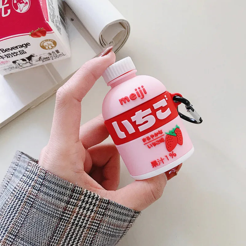 🍓 Cute Strawberry Milk 3D Earphone Cases for AirPods 🎧 | Adorable Silicone Cover for Pro & Earpods! 🥤✨ - Pixie Quill