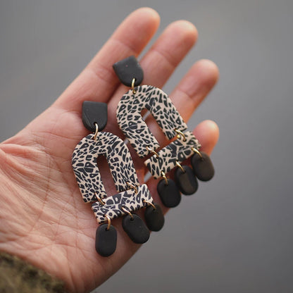 Leopard Pattern Polymer Clay Earrings Set 🐆 Multi Shapes Black White Drops ✨