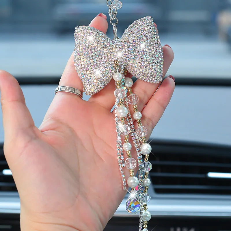 Kawaii Crystal Bowknot Car Charm ✨ Cute Rhinestone Tassel Pendant for Rearview Mirror 🌟 Adorable Women’s Car Accessories 💖