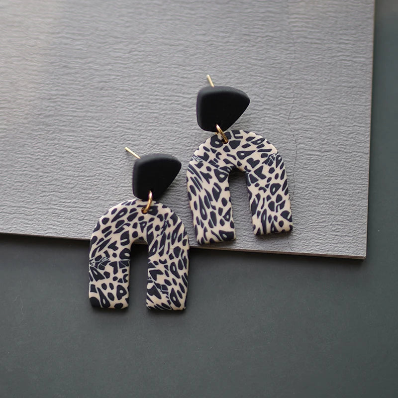 Leopard Pattern Polymer Clay Earrings Set 🐆 Multi Shapes Black White Drops ✨
