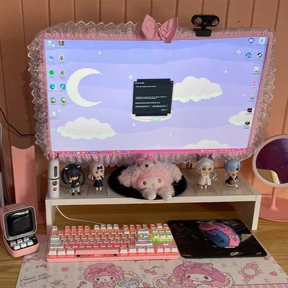 Kawaii Lace Computer Monitor Cover 🎀 | Dustproof & Adorable with Elastic Pen Pocket 💖 | Perfect for Desktop & Laptop 🌸