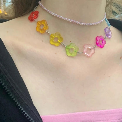 Kawaii Rainbow Flower Choker 🌸✨ - Adorable Y2K Resin Necklace for Playful Styles! 🌈💖