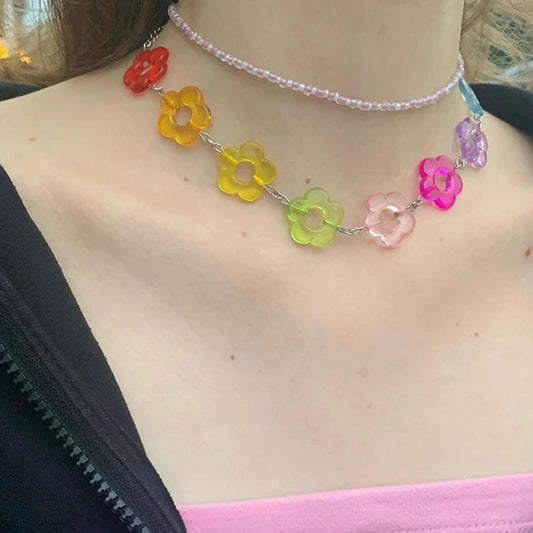 Kawaii Rainbow Flower Choker 🌸✨ - Adorable Y2K Resin Necklace for Playful Styles! 🌈💖