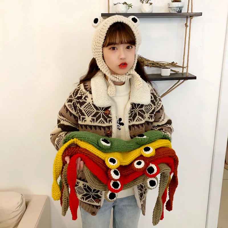 Kawaii Green Frog Beanie 🐸✨ - Cute Knitted Winter Hat for Ladies | Warm Skull Cap & Costume Accessory! 🎉❄️