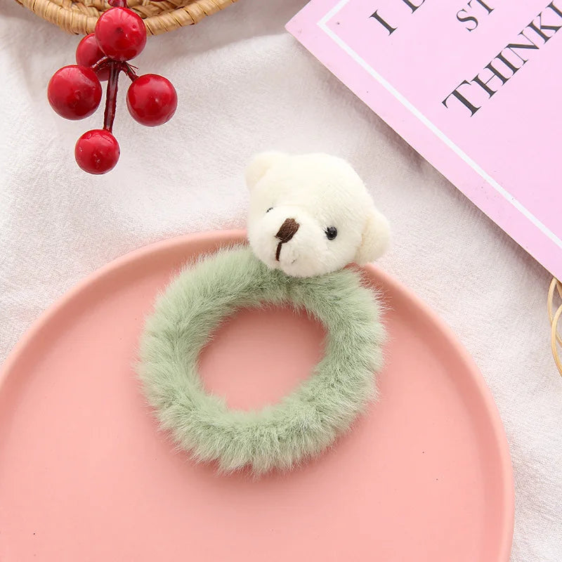 Kawaii Plush Animal Scrunchies 🐻🐰 - Adorable Elastic Hair Ties for Girls & Women 🎀 - Cozy Fall/Winter Hair Accessories!