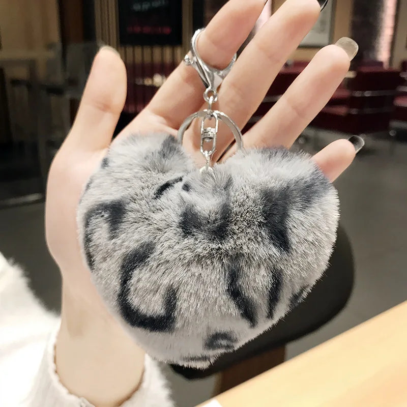 Kawaii Leopard Love Heart Keychain 🐆💖 | Plush Fur Ball Pendant for Bags & Car Keys | Cute Gift Idea 🎁✨