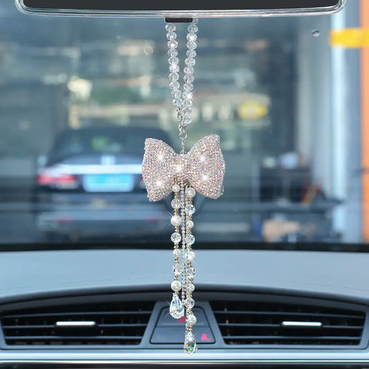 Kawaii Crystal Bowknot Car Charm ✨ Cute Rhinestone Tassel Pendant for Rearview Mirror 🌟 Adorable Women’s Car Accessories 💖