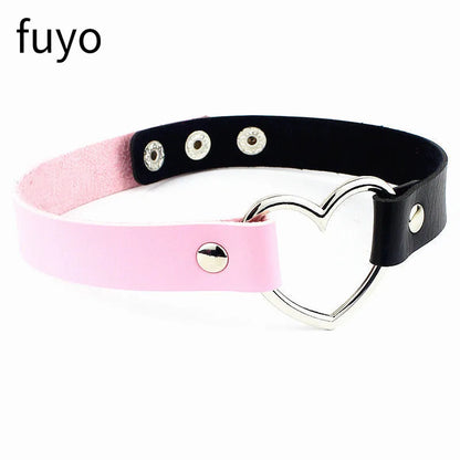 Pink Blue PU Leather Heart Choker Necklace For Women Cute Statement Jewelry 💗🎀