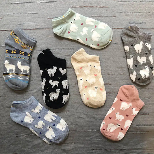 Kawaii Alpaca Love Heart Ankle Socks 🦙❤️ | Cozy Cotton Animal Print for Ultimate Comfort! 🧦✨
