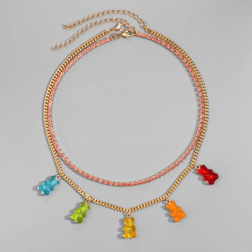 ✨Whimsical Gummy Bear Crystal Choker Necklace 🍬💖 - Adorable Multi-layered Clavicle Chain for Trendy Women!