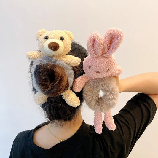 Kawaii Plush Animal Scrunchies 🐻🐰 - Adorable Elastic Hair Ties for Girls & Women 🎀 - Cozy Fall/Winter Hair Accessories!